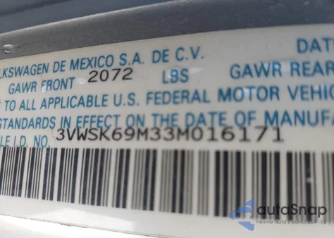 2003 Volkswagen Jetta Gls 2.0L из США, поврежденный, VIN 3VWSK69M33M016171